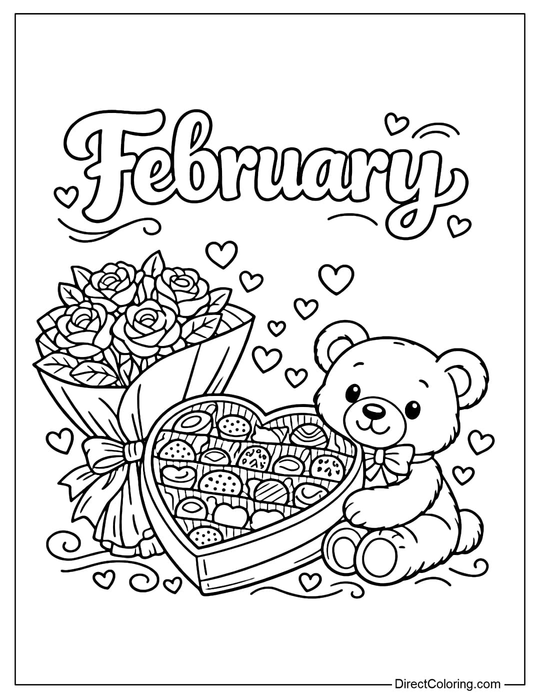 A coloring page for the word February, below which are Valentine's Day gifts including a heart-shaped box of chocolates, a bouquet of flowers, and a cute teddy bear.