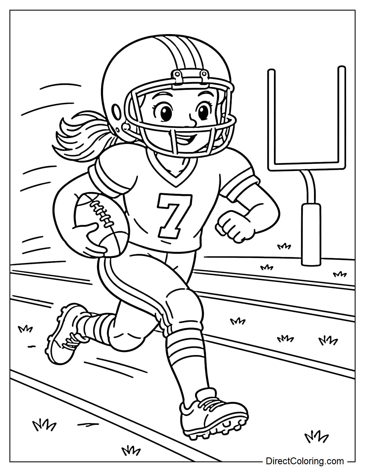 A young girl in a football uniform and helmet races down the field with the ball tucked securely against her side, surrounded by motion lines, yard markings, and goalposts.