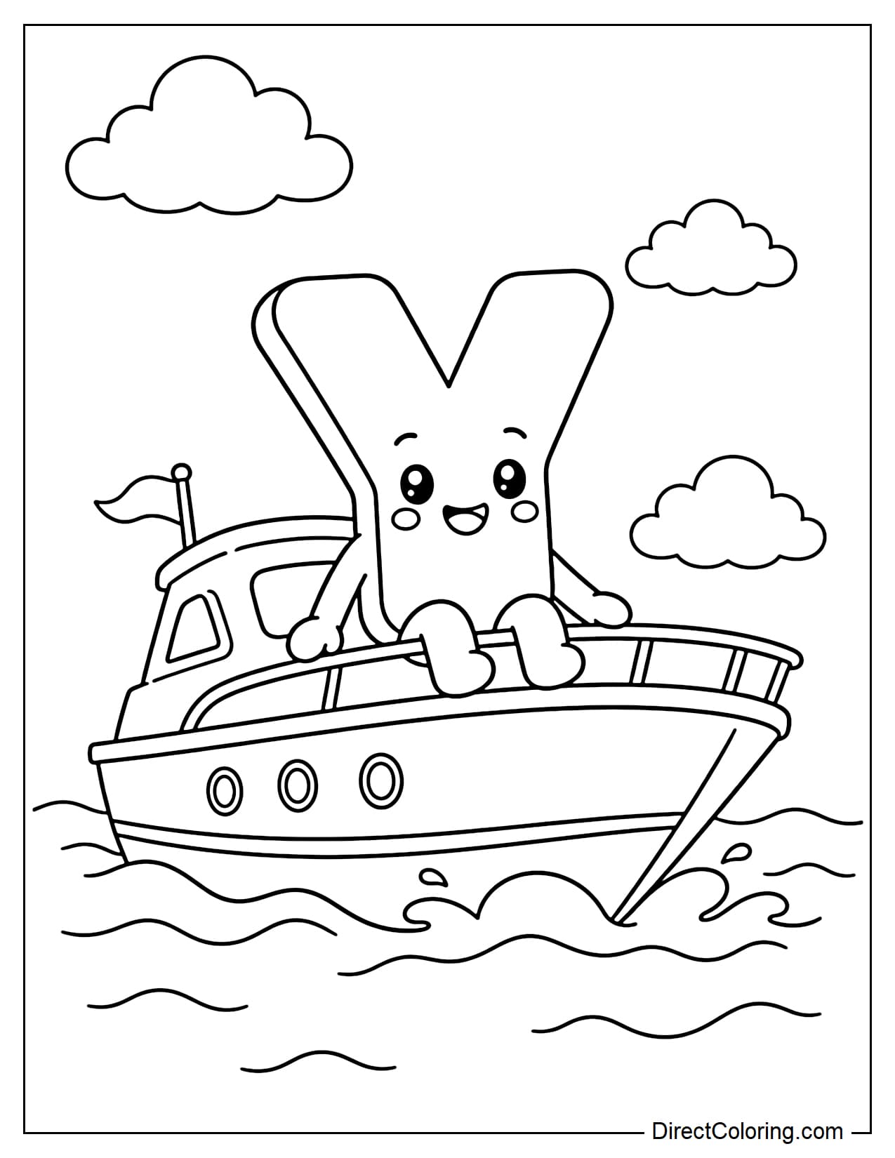 The adorable letter Y is sitting on a small yacht gliding across the sea, surrounded by waves and clouds.