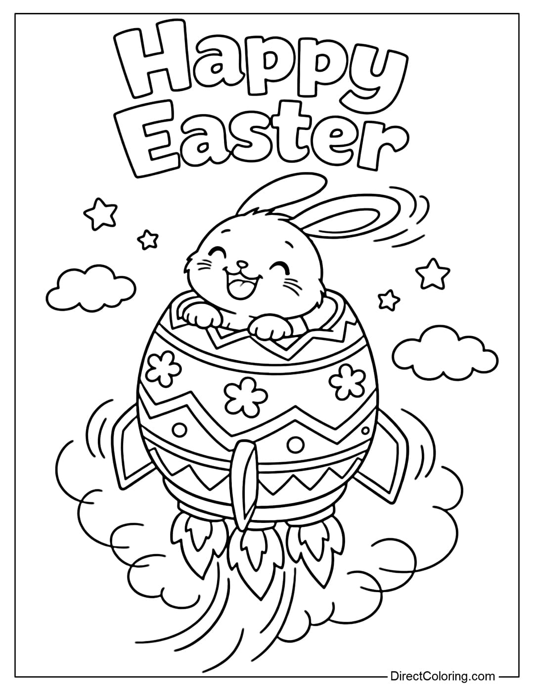 A cute Easter bunny coloring page showing a bunny sitting inside an Easter egg-shaped rocket flying into the sky, with the words 