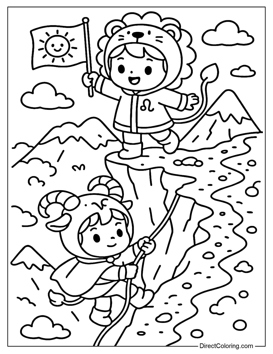 Coloring page Little girl Leo is holding a sun flag on the cliff. Little boy Capricorn is climbing the mountain with a rope. Adventure mountain scenery with round snow, drifting clouds.