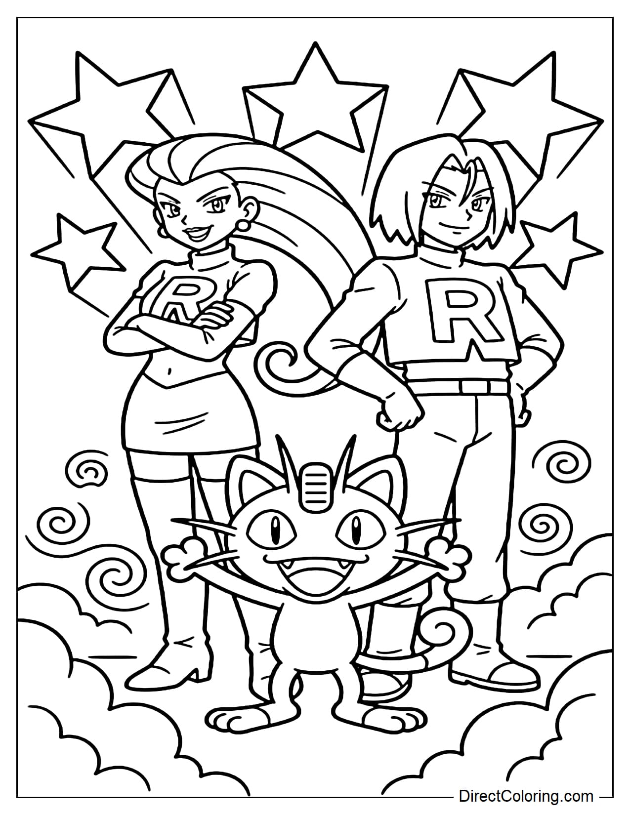 Team Rocket, consisting of Jessie and James, stands side-by-side in a confident introductory pose. Meowth stands in the center in front with arms outstretched, surrounded by stars, swirling lines, and smoke.