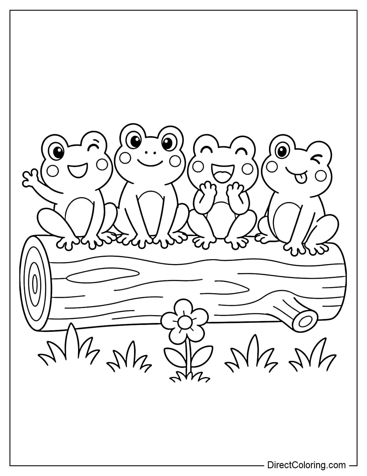 Several cute frogs are perched together on a large log, each with a different cheerful expression, with blades of grass and a small flower underneath.