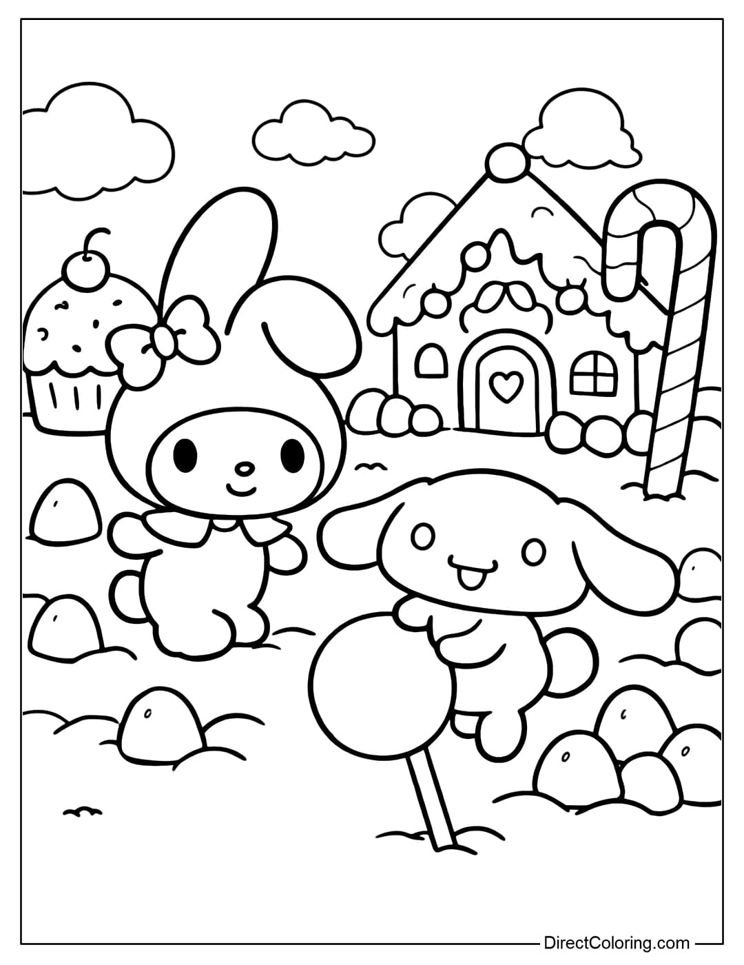 My Melody and Cinnamoroll are standing in front of a magnificent gingerbread house, surrounded by giant lollipops, candy canes, and cupcakes.