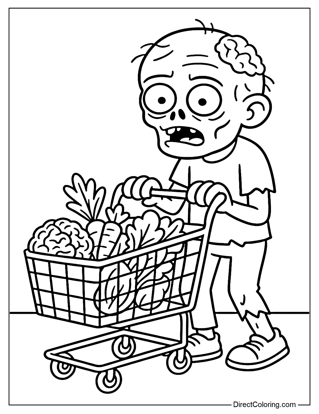 Coloring page of a zombie going to the supermarket, with a cart full of vegetables and a fake brain.