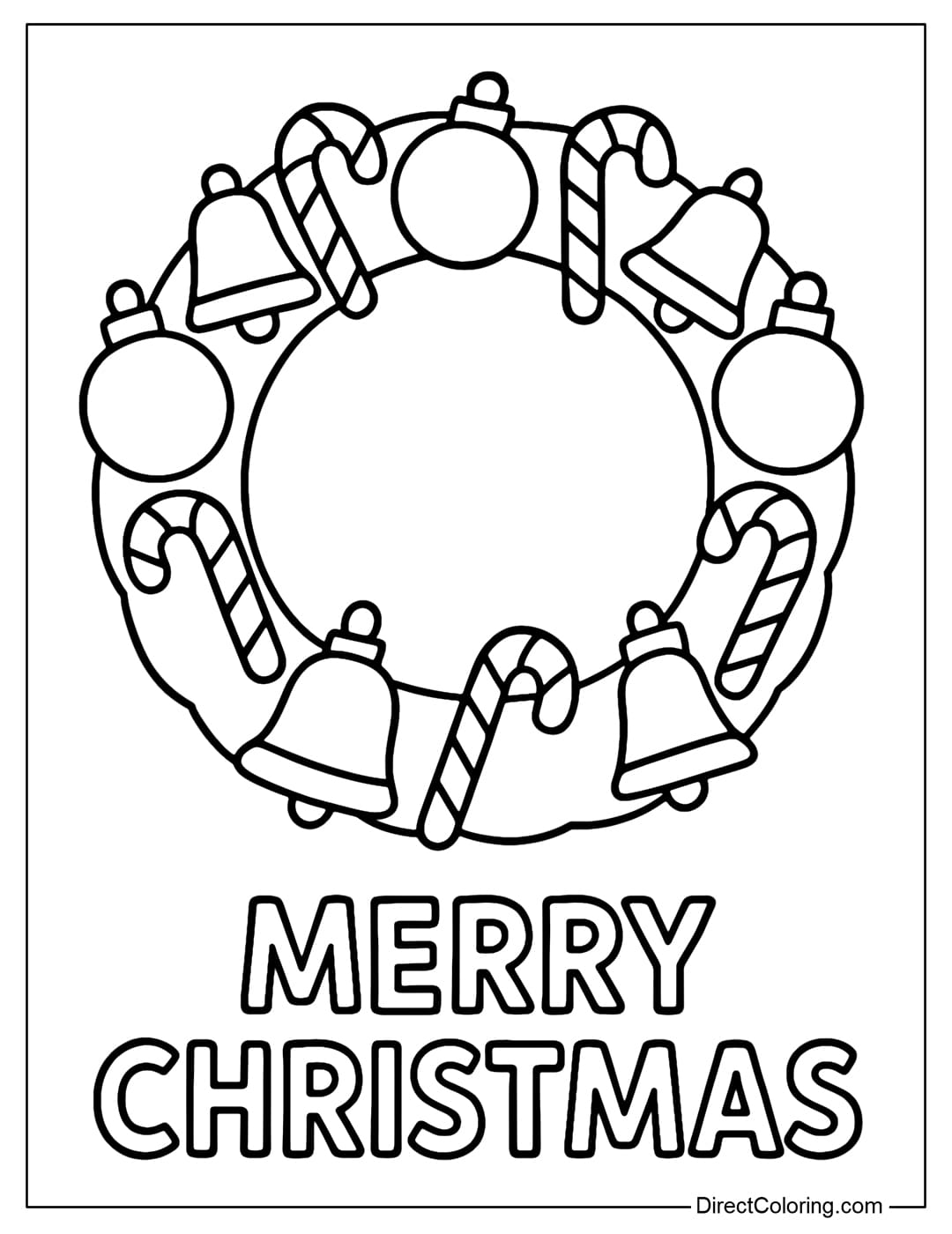 A wreath coloring page decorated with baubles, bells, and candy canes, with the words 