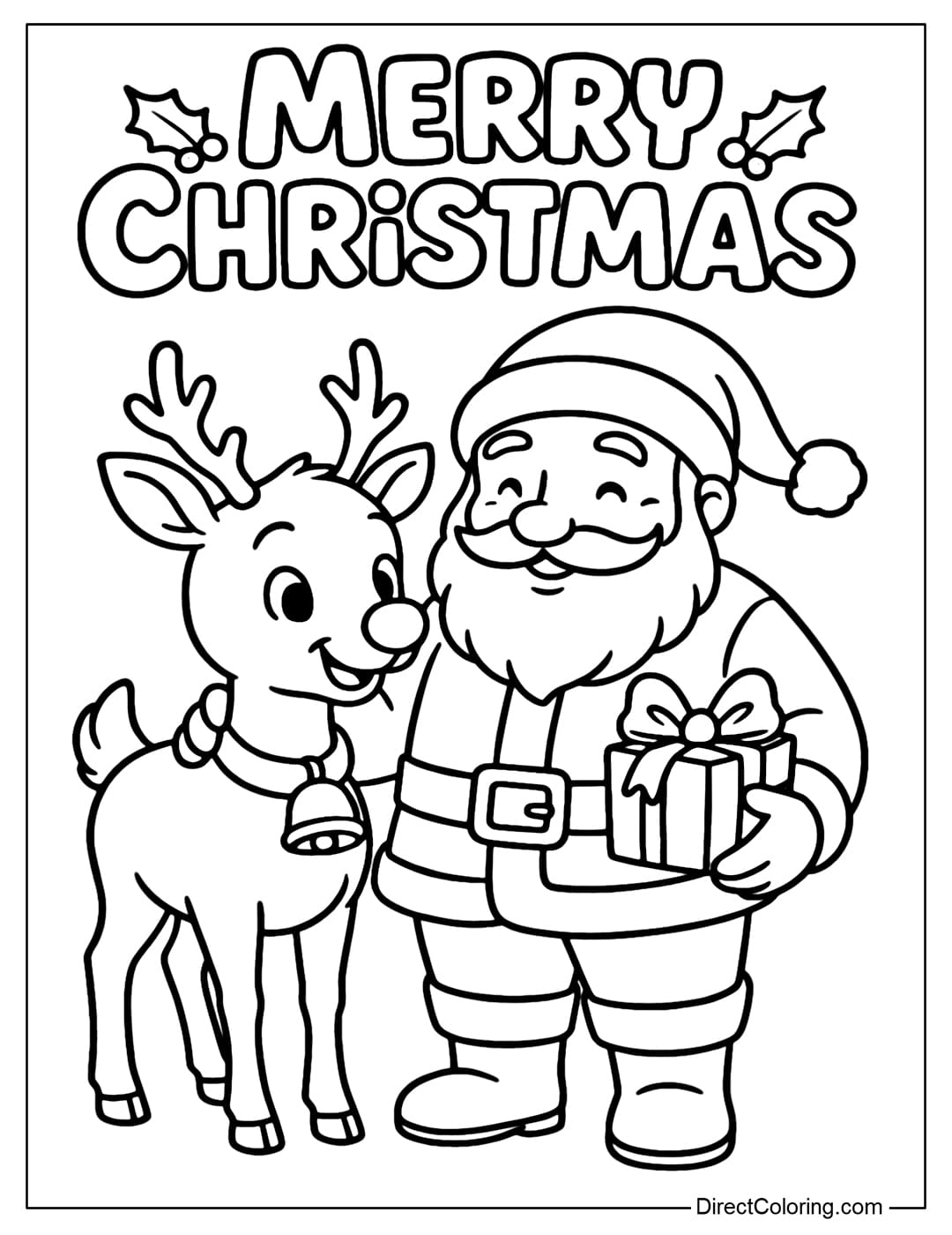 A red-nosed Rudolph coloring page standing next to Santa Claus, above which is the word Merry Christmas.