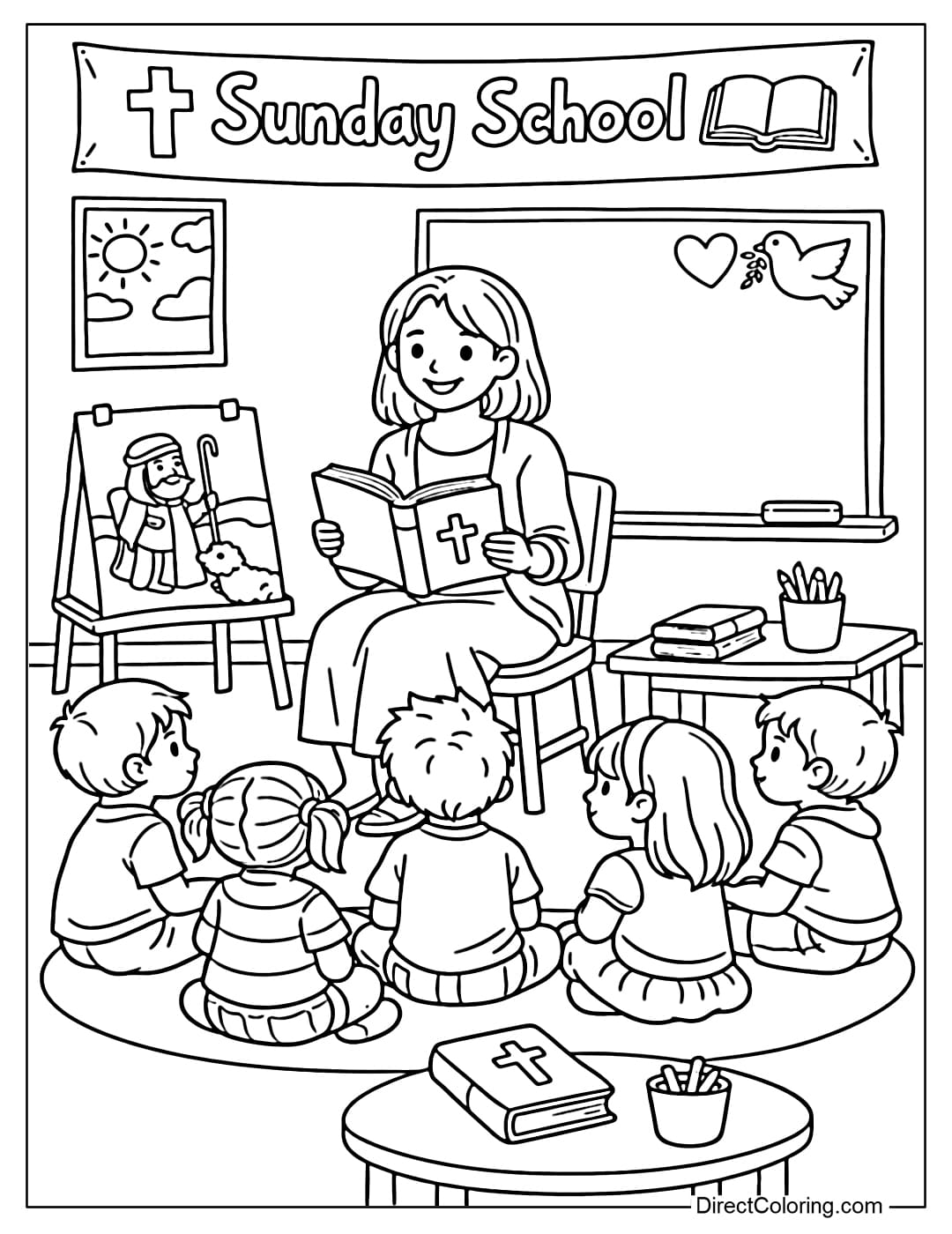 A coloring page of a Sunday school classroom with the teacher and children sitting and listening.