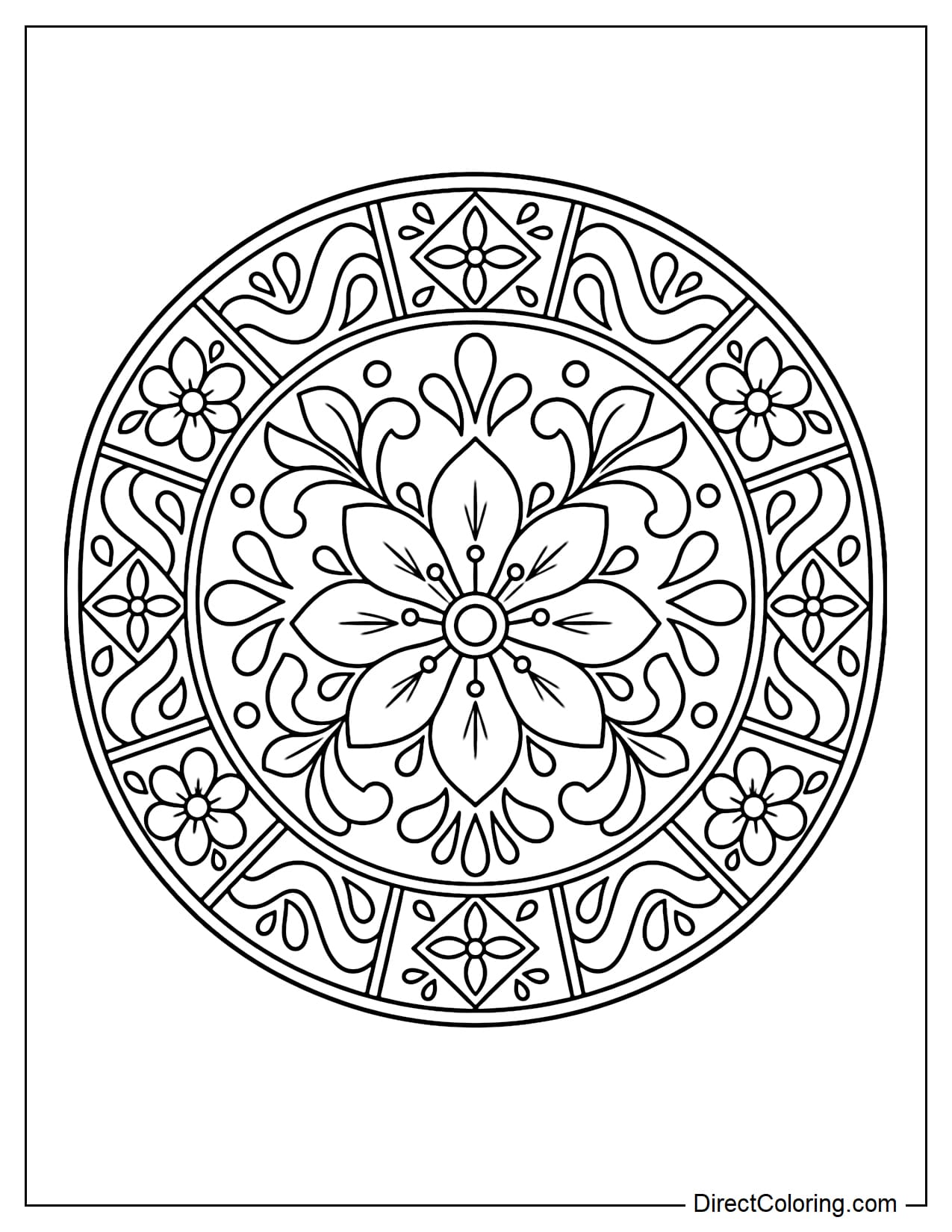 A traditional Mexican Talavera ceramic plate sits at the center, featuring a large eight-petaled flower in the middle. Symmetrical patterns of leaves, small flowers, diamonds, and curved lines decorate the plate's rim.