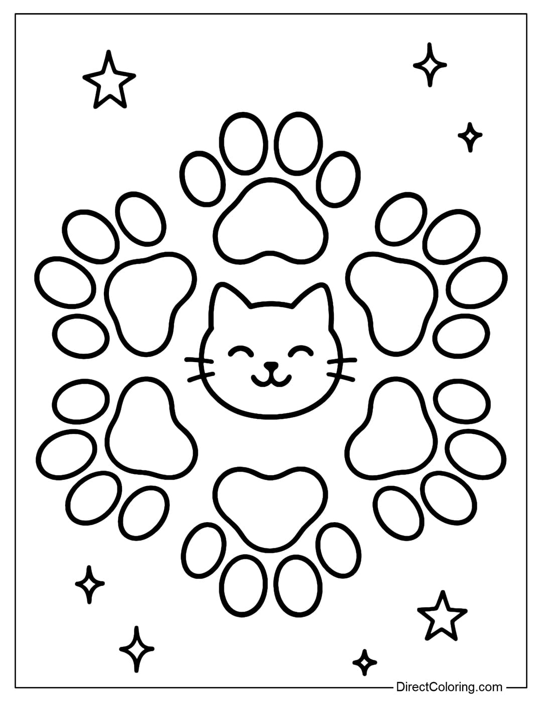 A coloring page of a snowflake created with adorable cat paw prints: six symmetrical, rounded paw print clusters, with a cat face in the center.