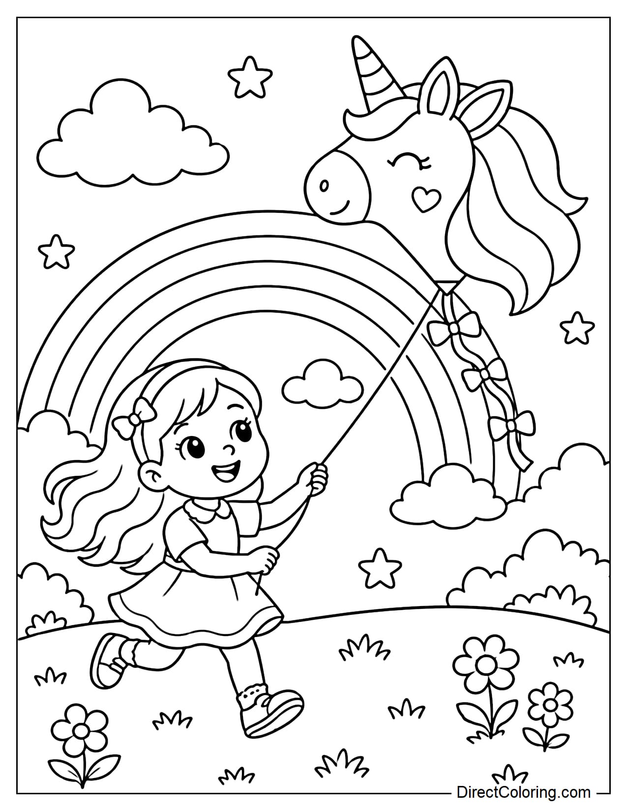 A little girl is running in a meadow flying a cute unicorn-shaped kite, surrounded by a rainbow, soft clouds, and a few stars.