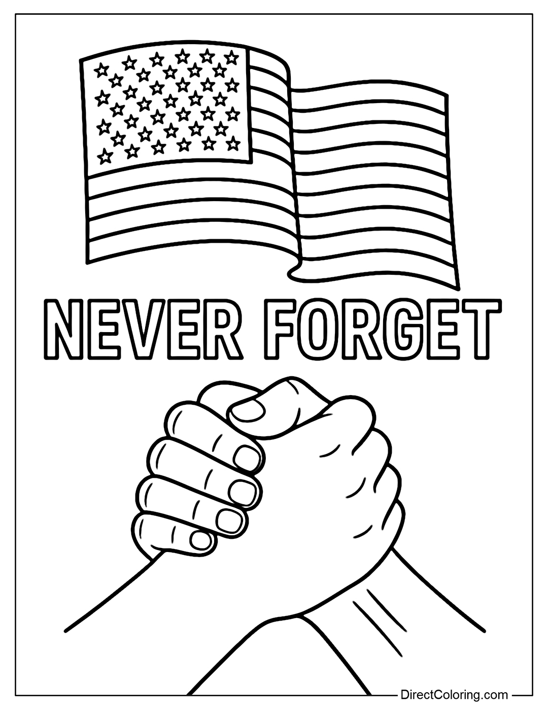 A coloring page of two clenched hands, with the American flag and the words 