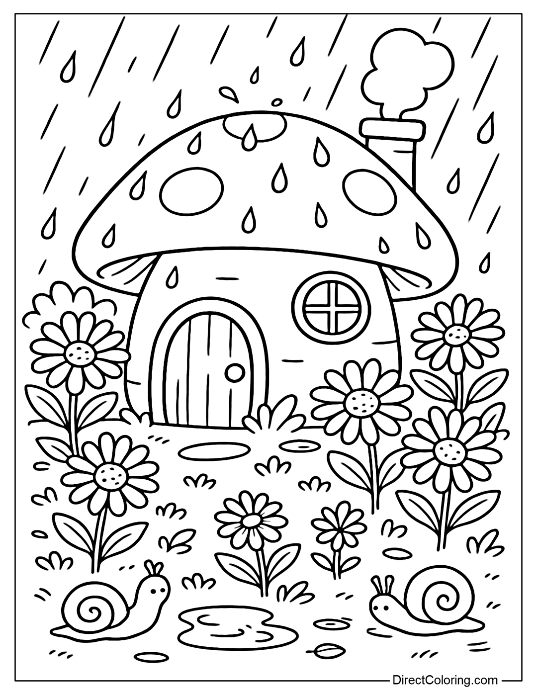 A giant mushroom-shaped house with a round roof, round windows and a small chimney, surrounded by a garden of daisies, with some snails crawling on the wet ground.