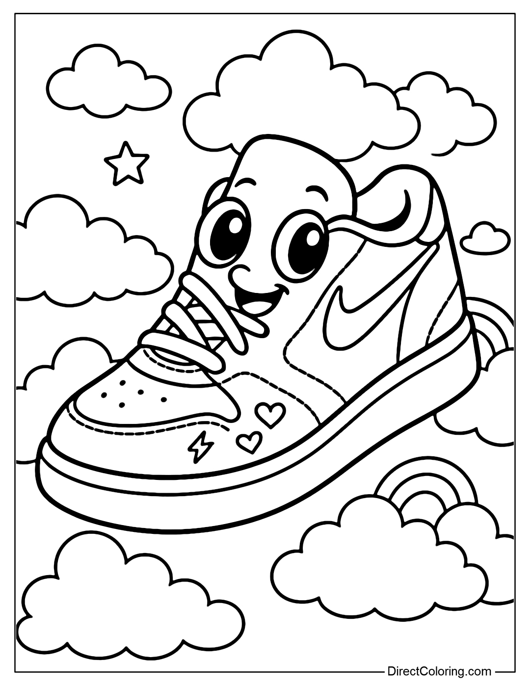 Cute cartoon Nike sneakers coloring page with big round eyes, a cheerful smile, and fluffy clouds in the background.