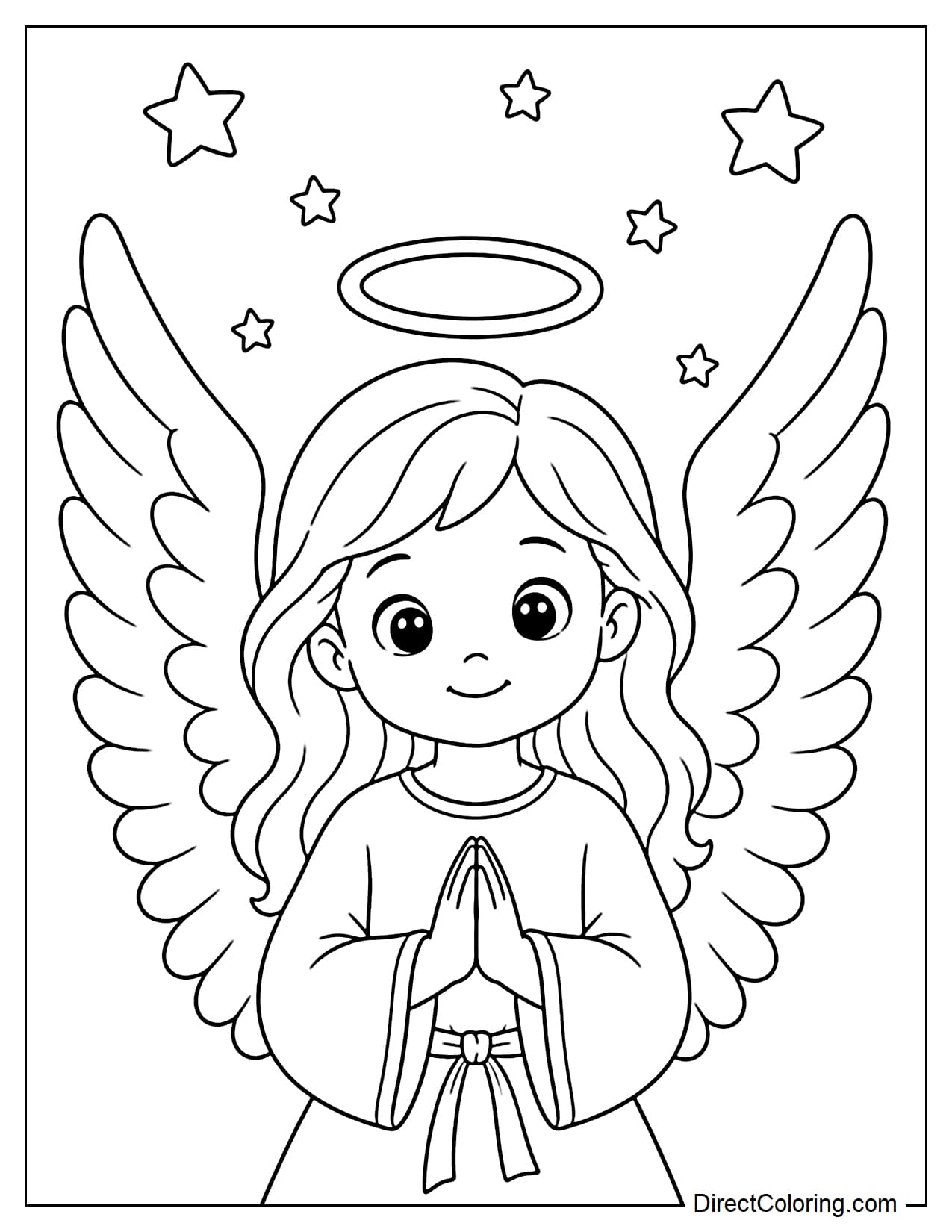 A portrait of a cute angel with a gentle face and large, outstretched wings, surrounded by a few stars.