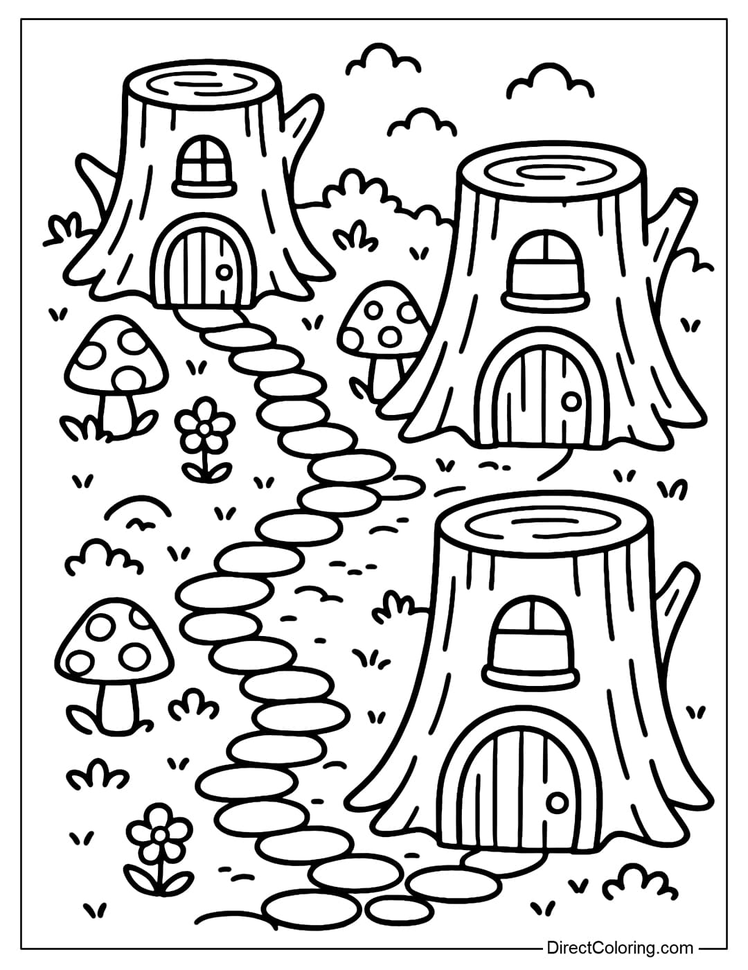Forest Village Coloring Page A small village coloring page in the forest with many tree stumps turned into houses, connected by a stone path.