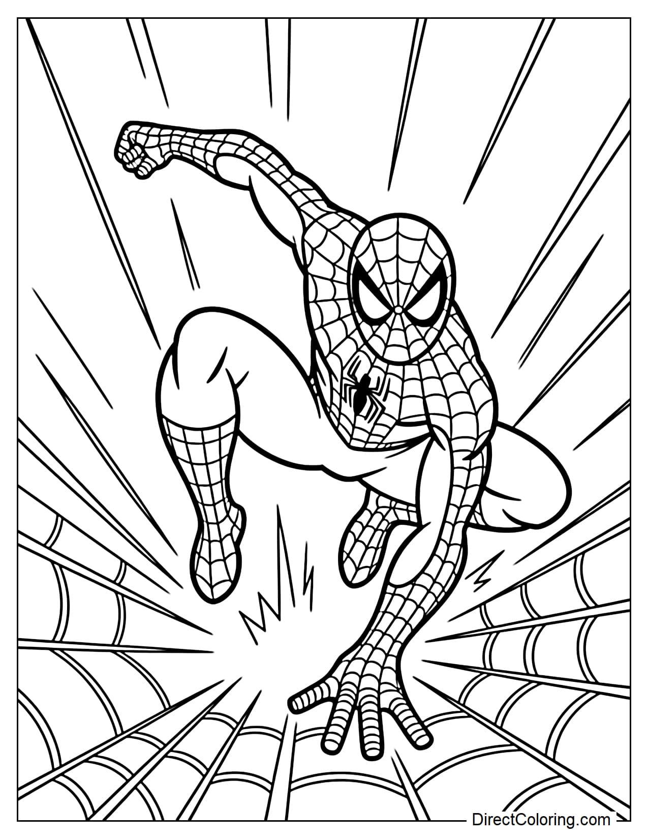 Spider-Man landing in a powerful heroic pose, one hand on the ground and the other clenched in a powerful fist, surrounded by some moving sparks and spider web patterns.