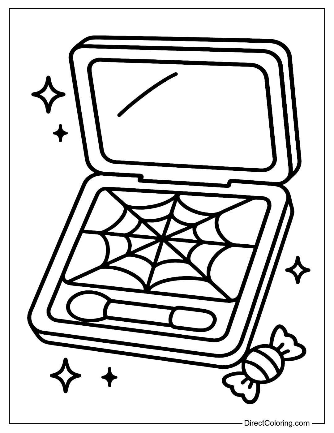Coloring page for a spider web eyeshadow palette, with a small mirror and brush attached, decorated with stars and mini candies.