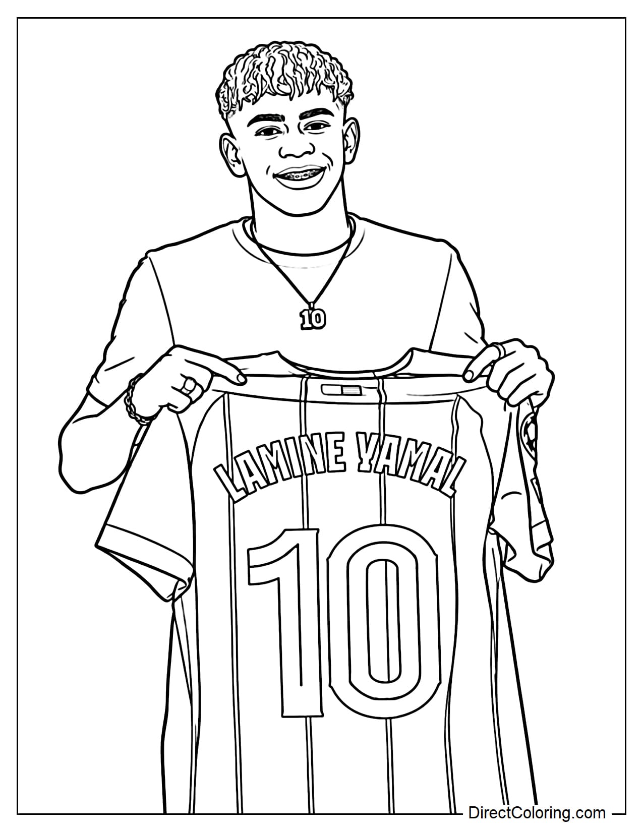 Lamine Yamal is smiling brightly and holding a jersey with the name 