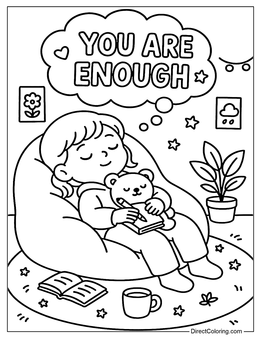Baby lying daydreaming on a bean bag, in the thought bubble is the word You Are Enough.
