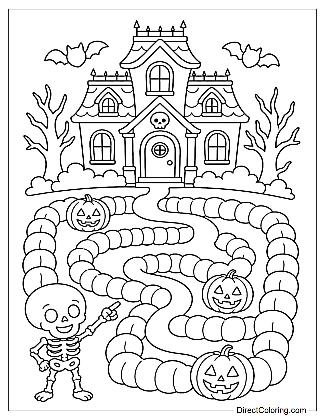 A haunted house standing behind a simple pumpkin patch maze in the front yard, with a winding path leading to the front door, several large jack-o'-lanterns along the way, and a small skeleton nearby.