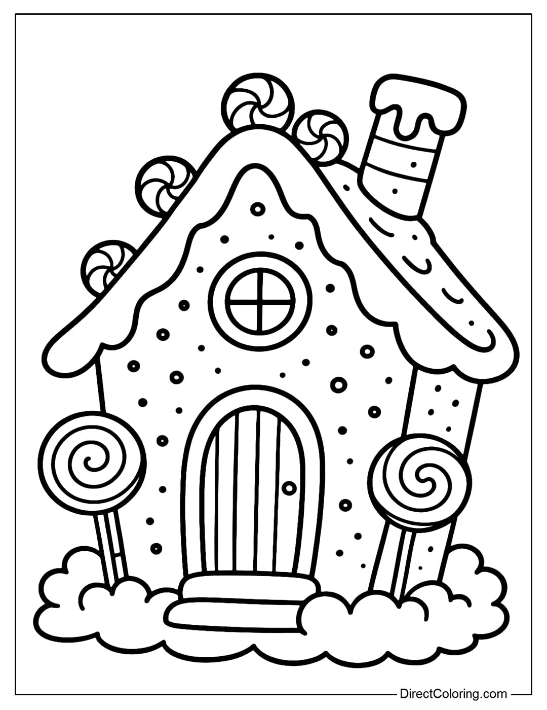 Gingerbread house coloring page with sloping roof, round windows and funny shape.