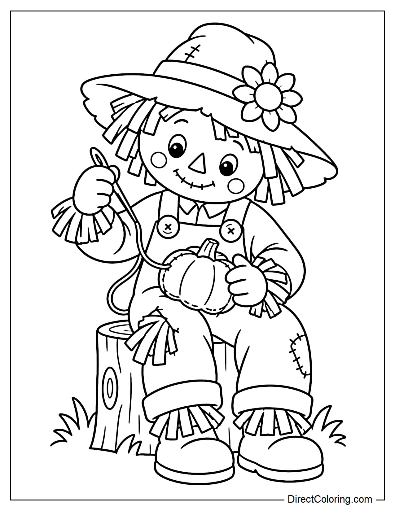 A cute scarecrow sits on a low wooden post, sewing a large pumpkin-shaped patch onto his own overalls.