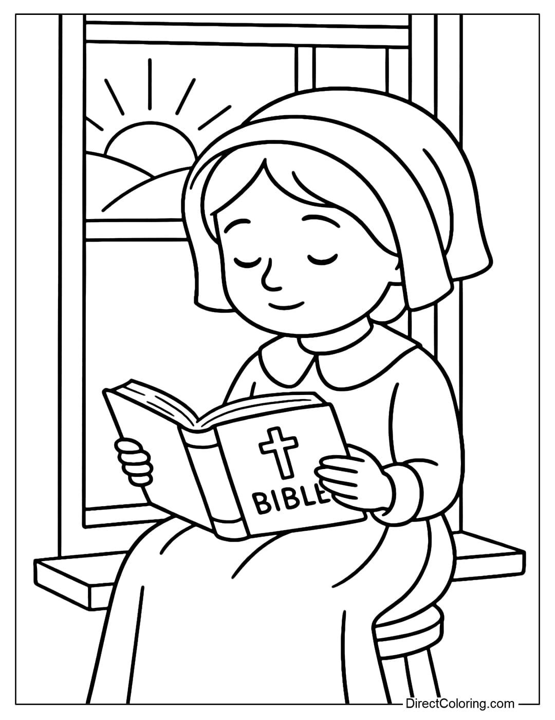 Coloring page of a Pilgrim girl sitting by the window, reading the Bible in the morning light.
