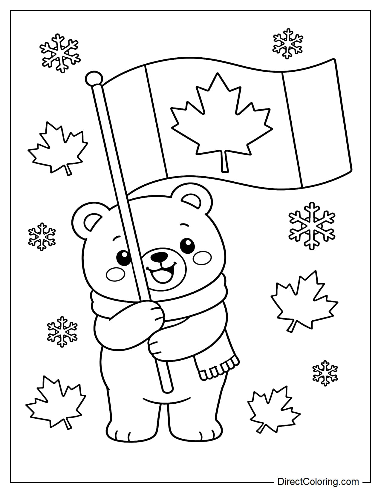 A cute polar bear standing and holding a large Canadian flag with a happy smile. Surrounded by a few small snowflakes and maple leaves.