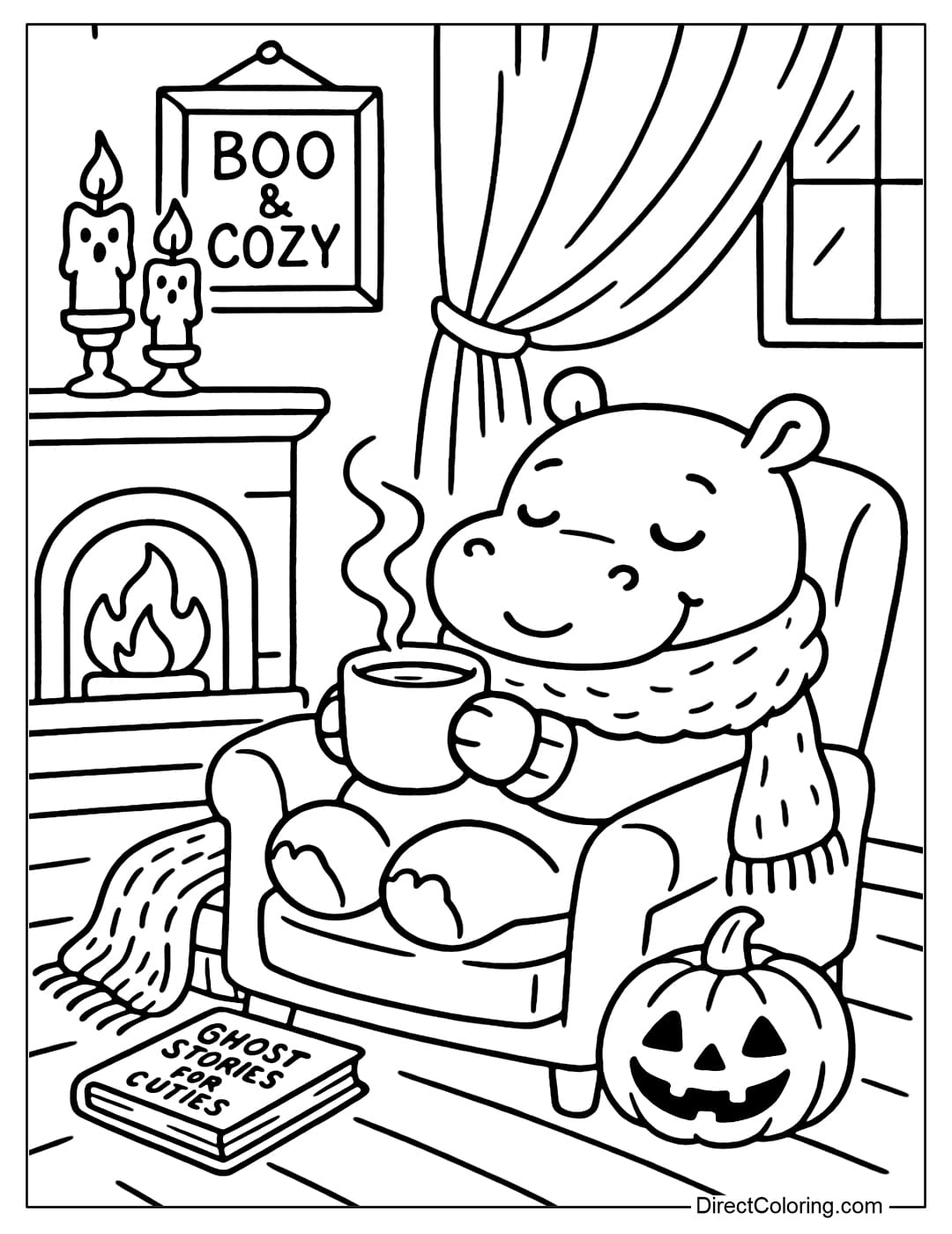 A coloring page of a little hippo sitting on an armchair in the corner of the Halloween room, holding a steaming cup of cocoa in both hands, eyes half-closed and relaxing.