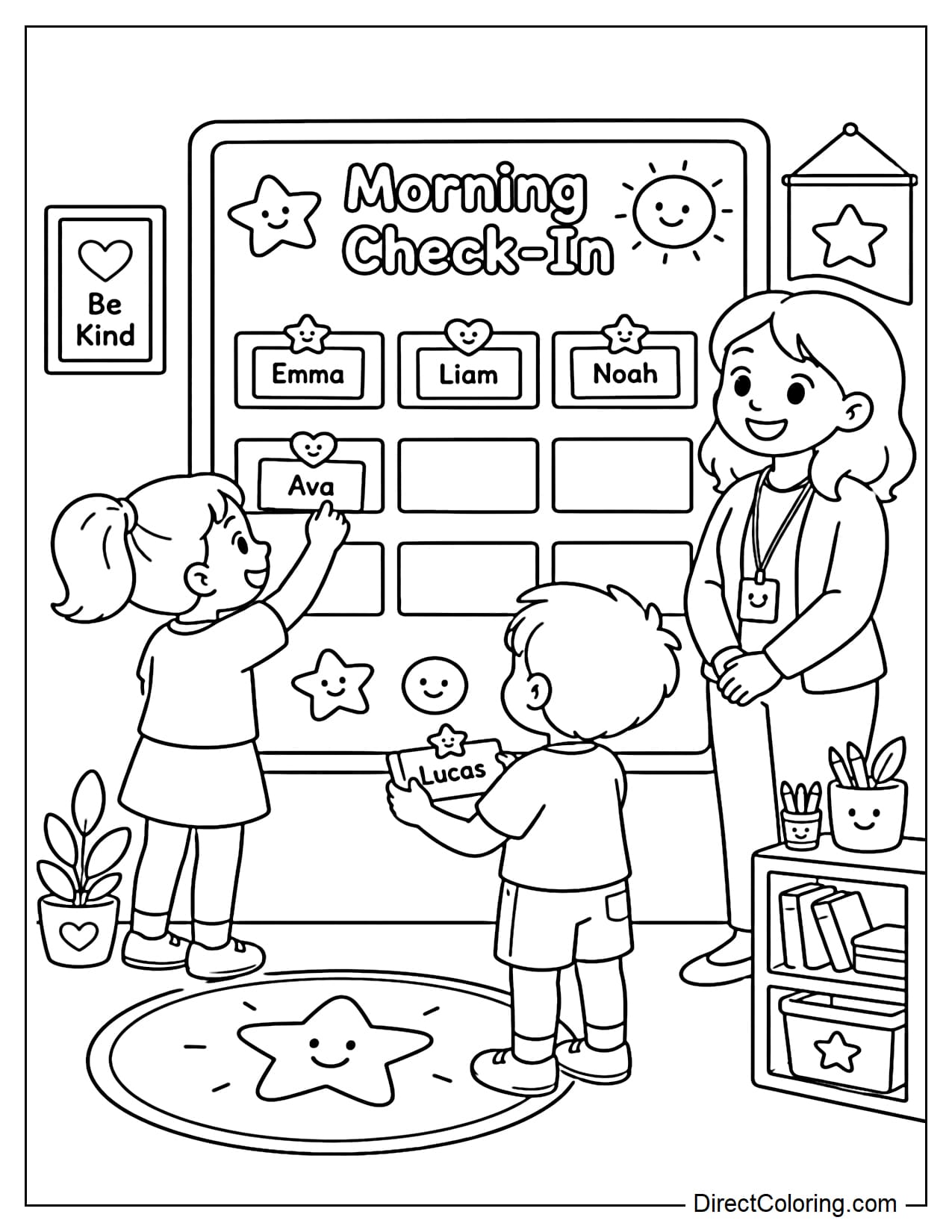 The children are attaching their name tags to the morning attendance board in the classroom, the teacher stands beside them smiling, with some star and smiley face icons.