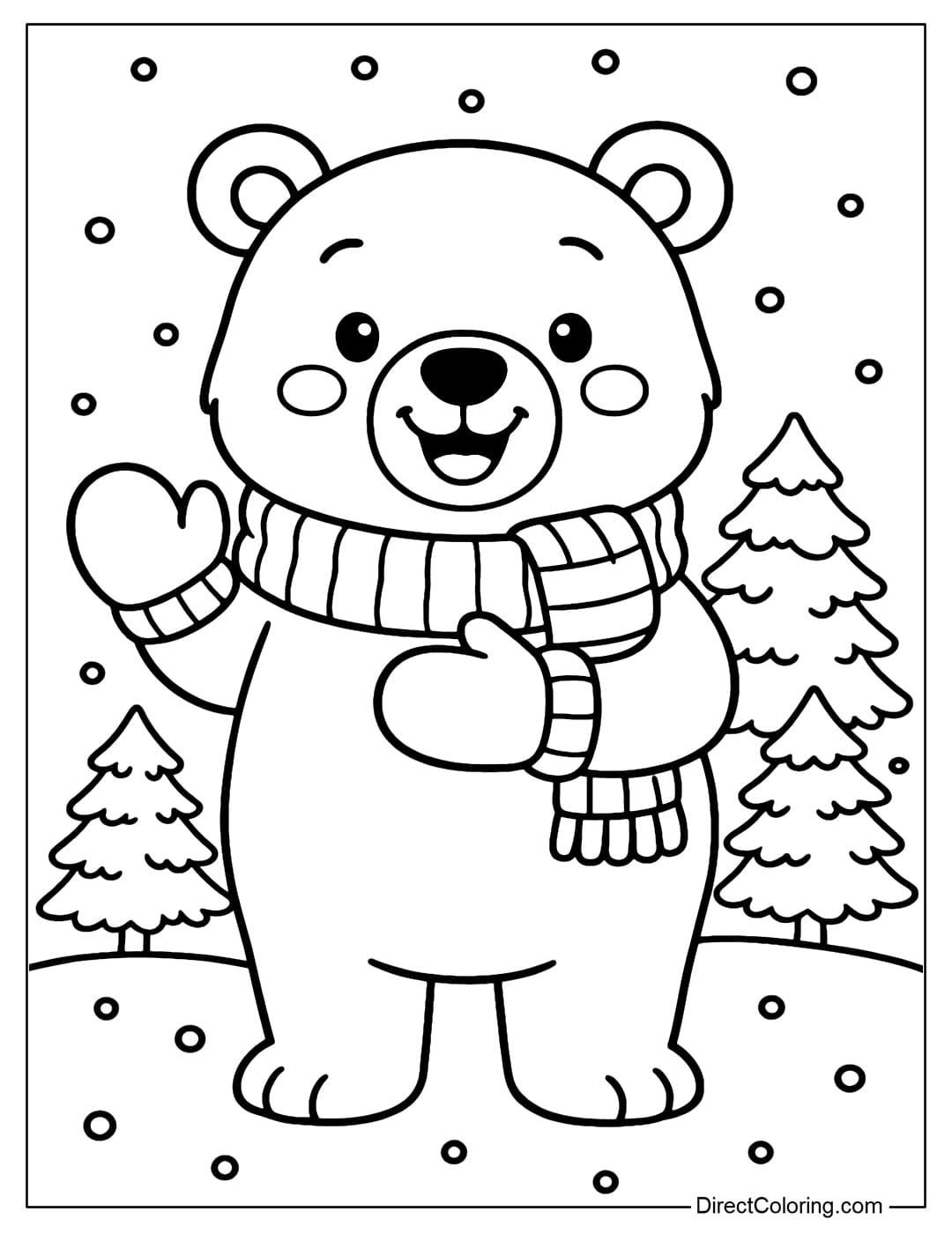 Adorable polar bear coloring page wearing a scarf and gloves as if showing off new clothes.