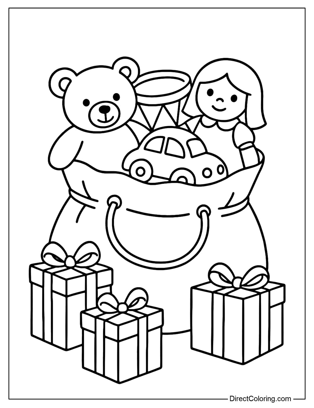 A coloring page of a gift bag filled with toys such as teddy bears, drums, dolls, small cars, and a few gift boxes tied with bows on the outside.