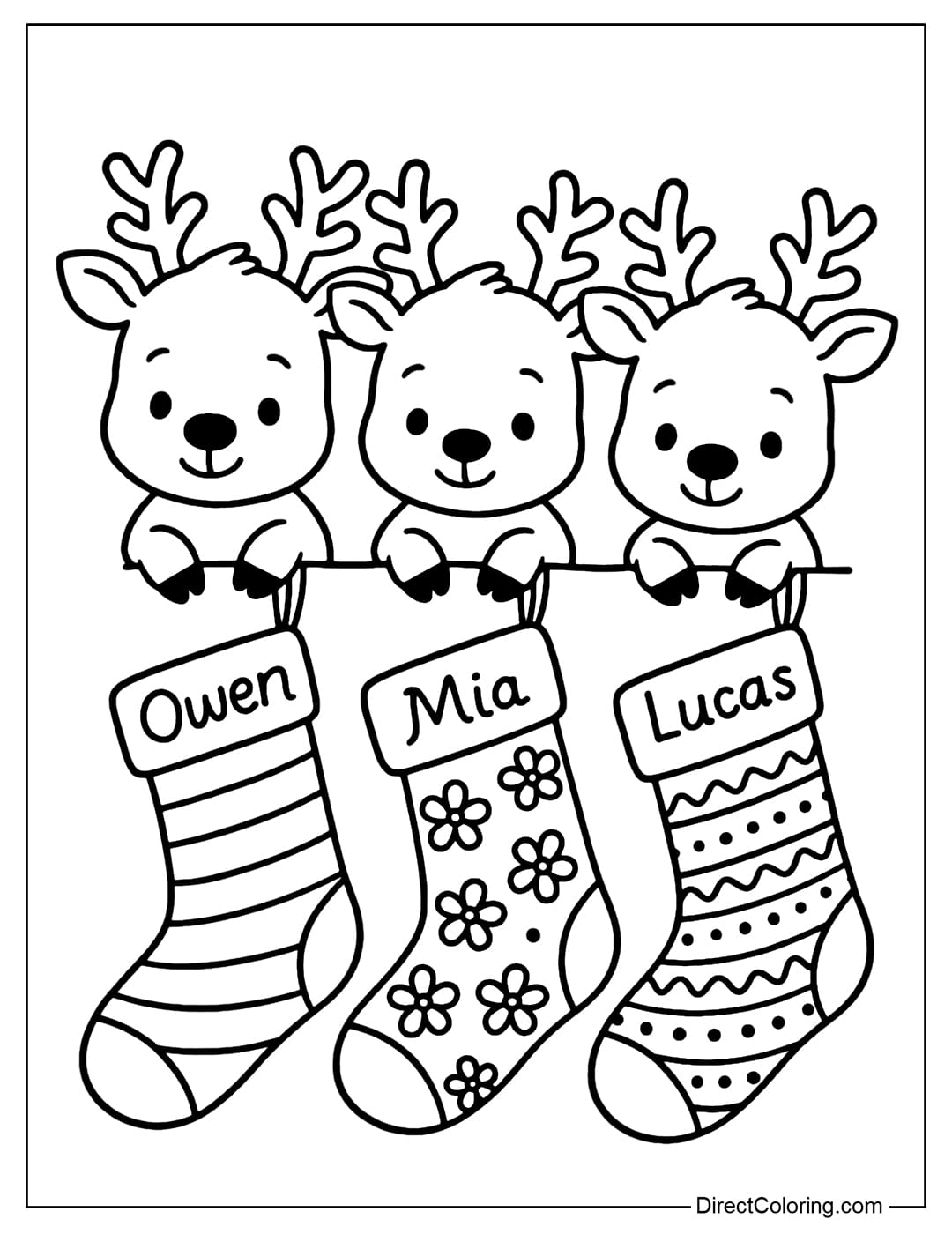 Reindeer Family Stockings Coloring Page Coloring Page Three little reindeer hang their stockings side by side, each with its own pattern and hand-embroidered name.