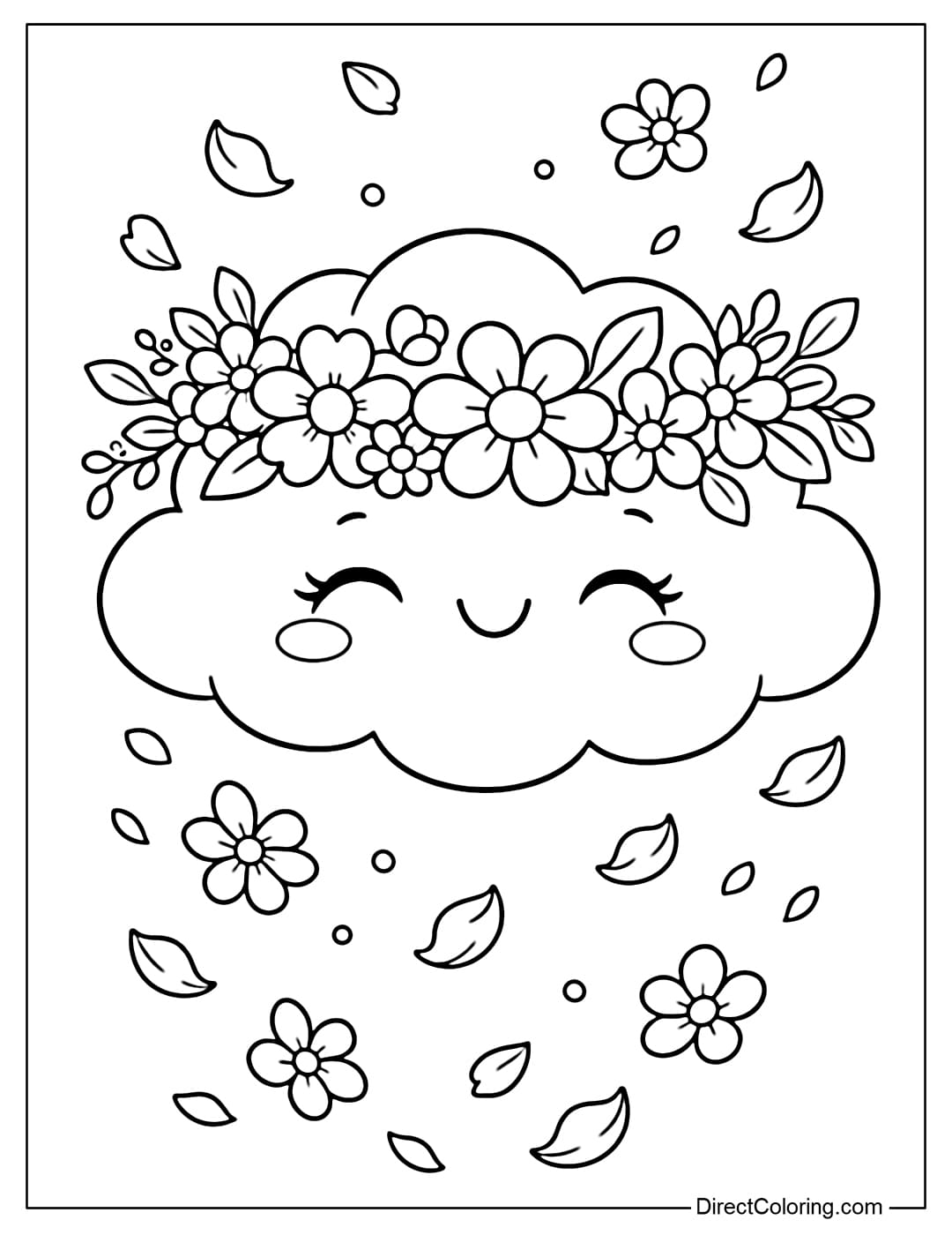 A cloud wearing a small flower crown, with a few petals gently floating around it.