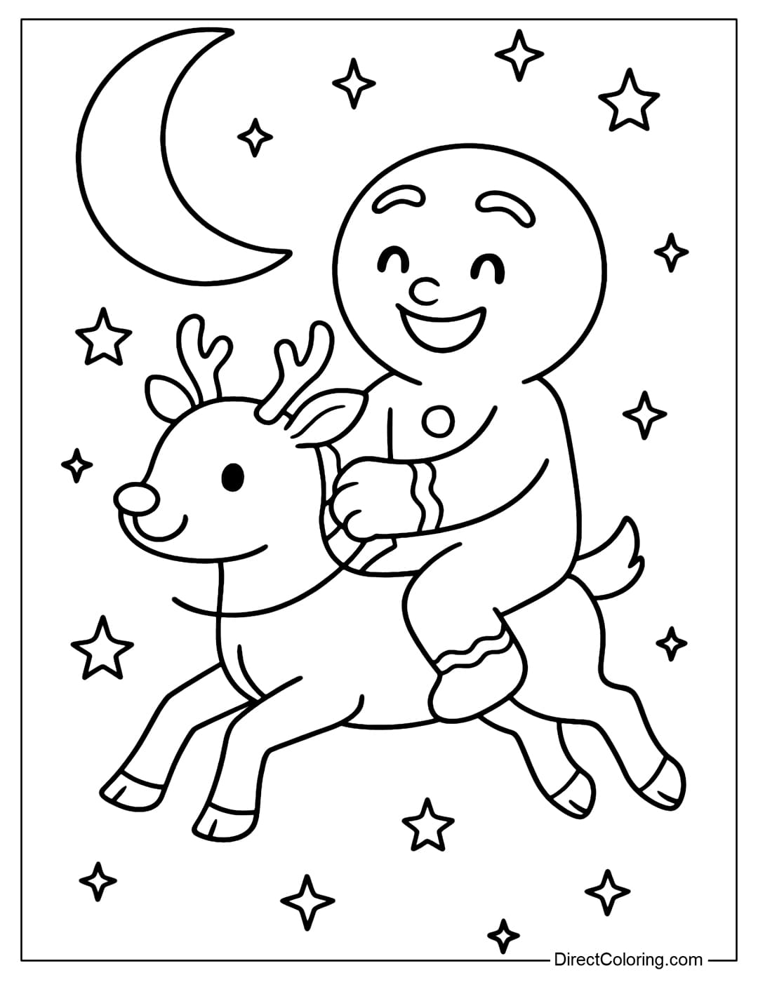 Coloring page of a gingerbread man riding a small reindeer flying in the night sky, with a sparkling moon and stars.
