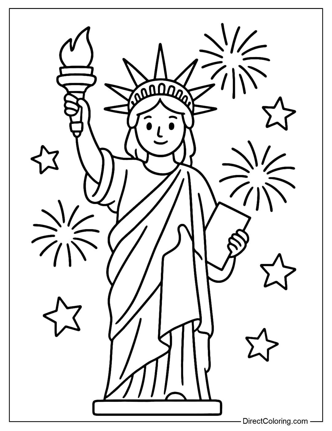 Coloring page of the Statue of Liberty, holding a torch, surrounded by fireworks and stars.