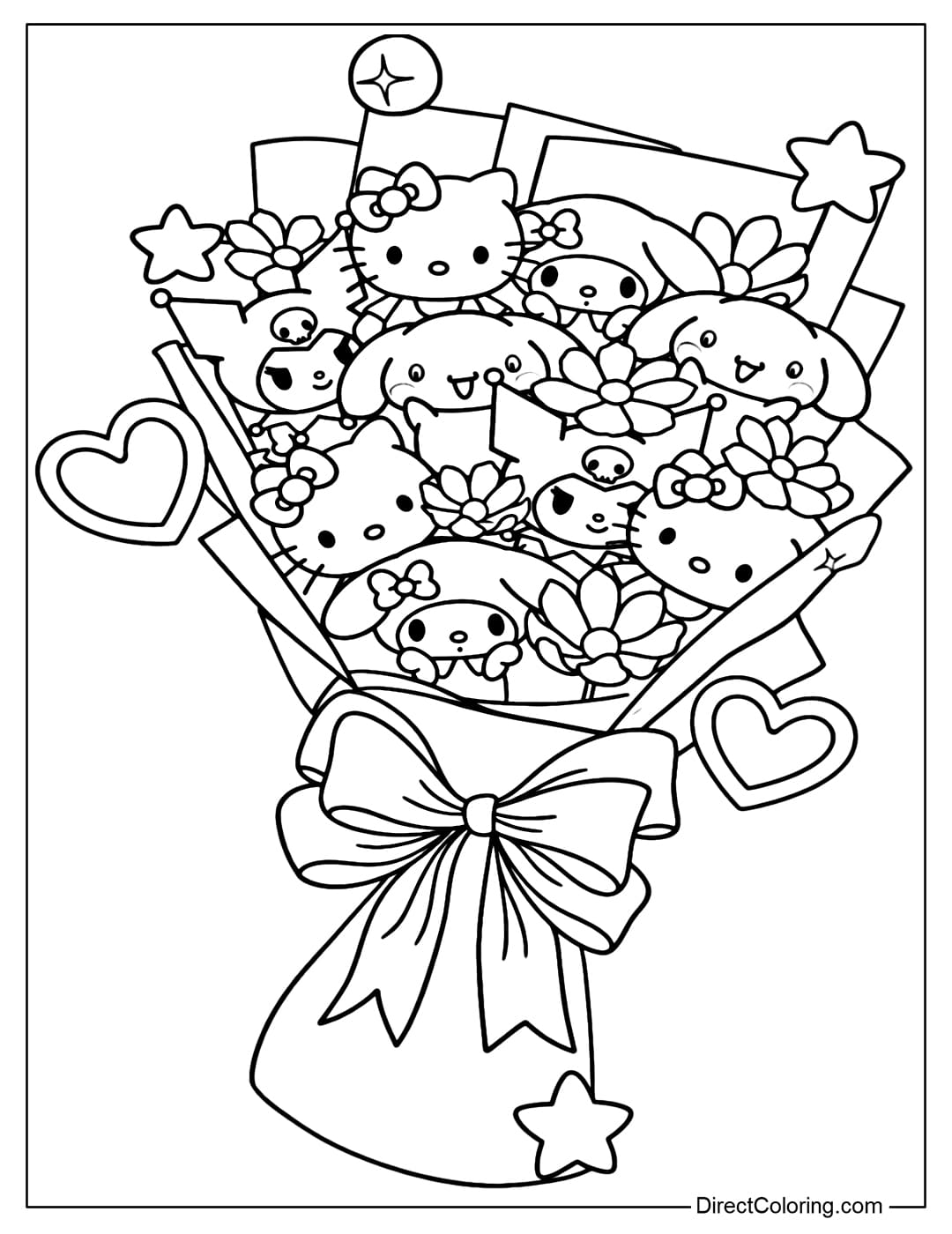 A coloring page featuring Sanrio characters inside a large bouquet with a big bow.