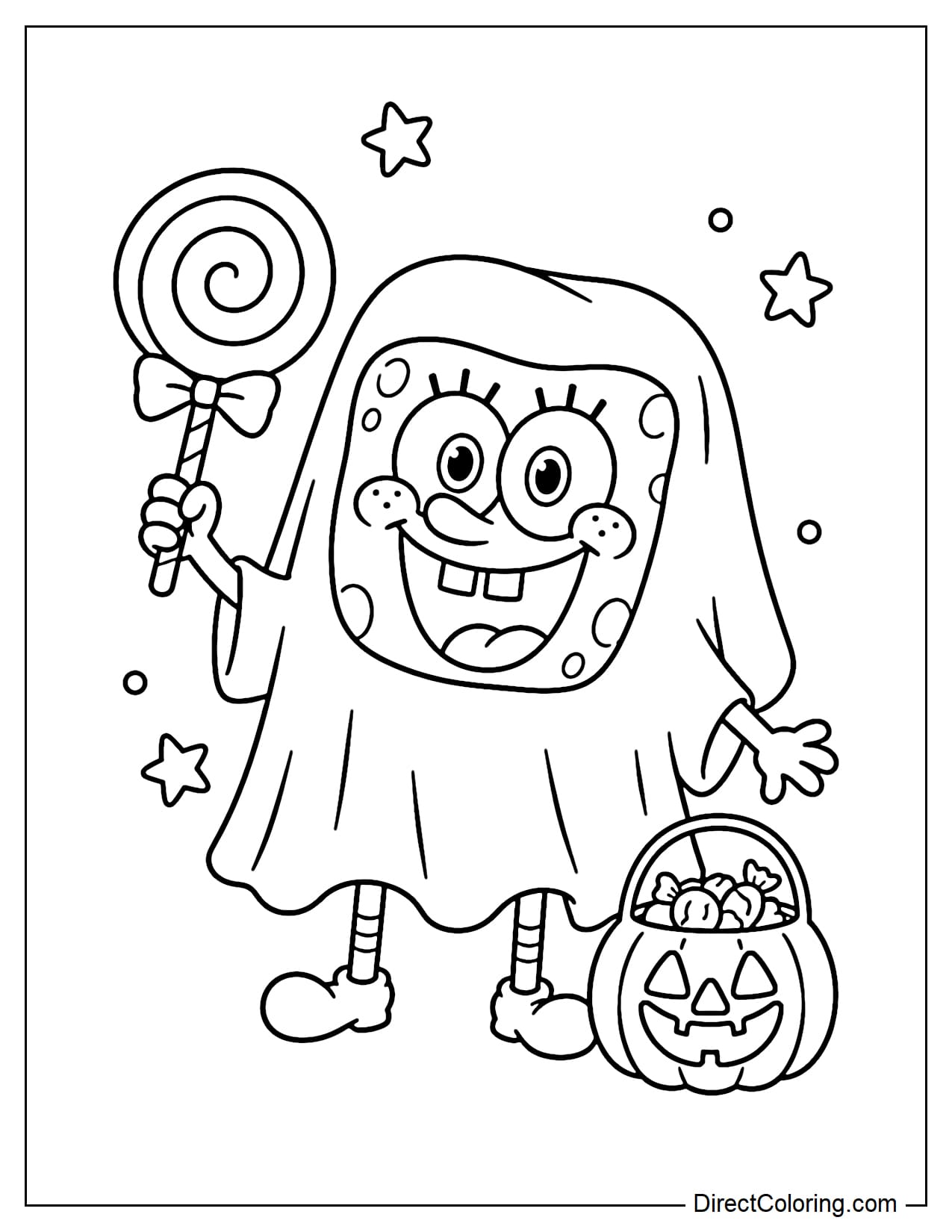 Spongebob wearing a simple ghost costume draped over his body while still showing his cheerful smiling face, holding a large swirled candy in one hand, with a small pumpkin-shaped candy bucket beside him.