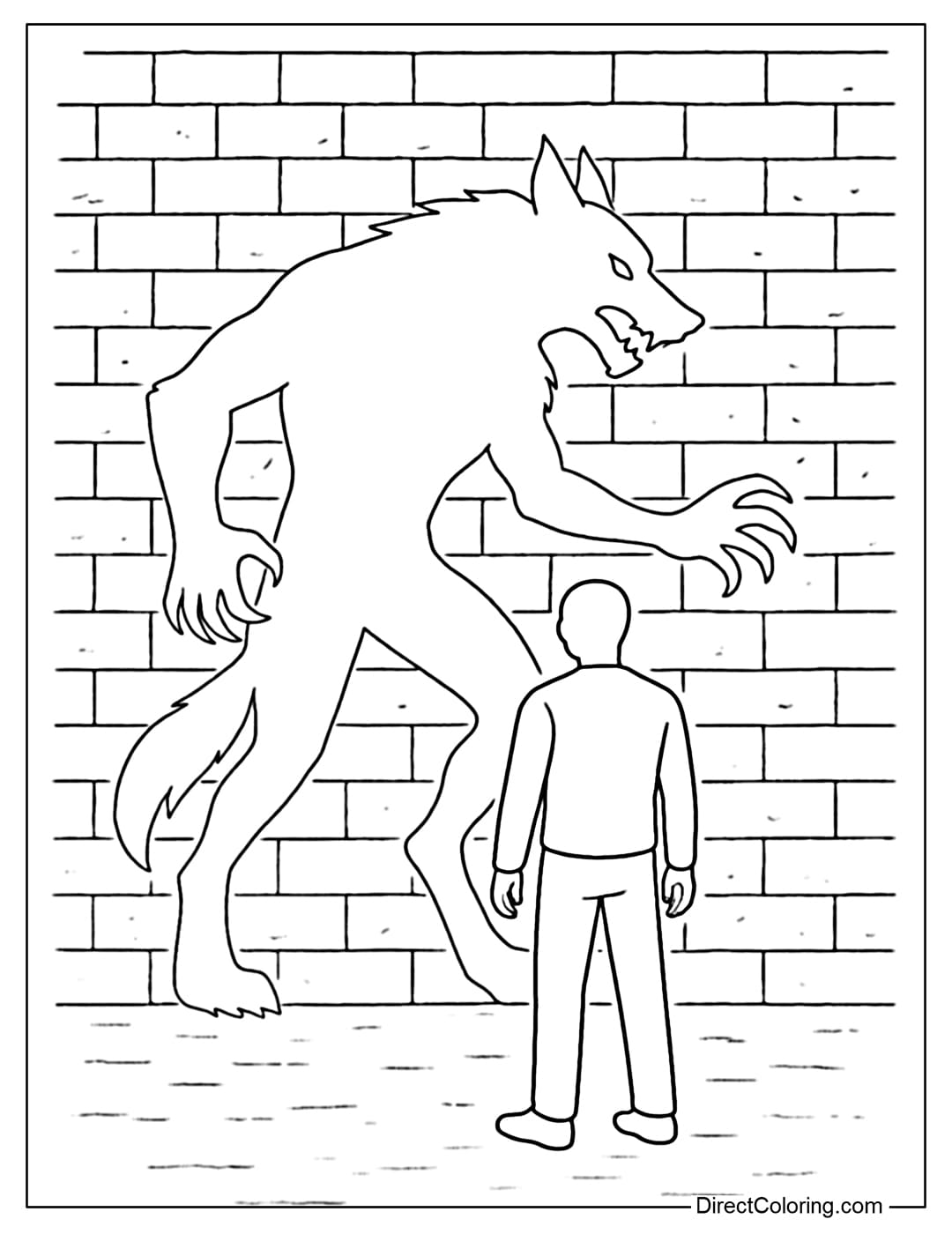 A werewolf shadow coloring page on an old brick wall, with just a normal figure in front, giving off a spooky feeling.