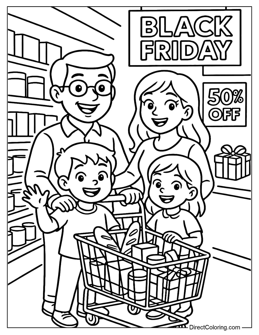 A coloring page of a family of four pushing a shopping cart in a supermarket on Black Friday.