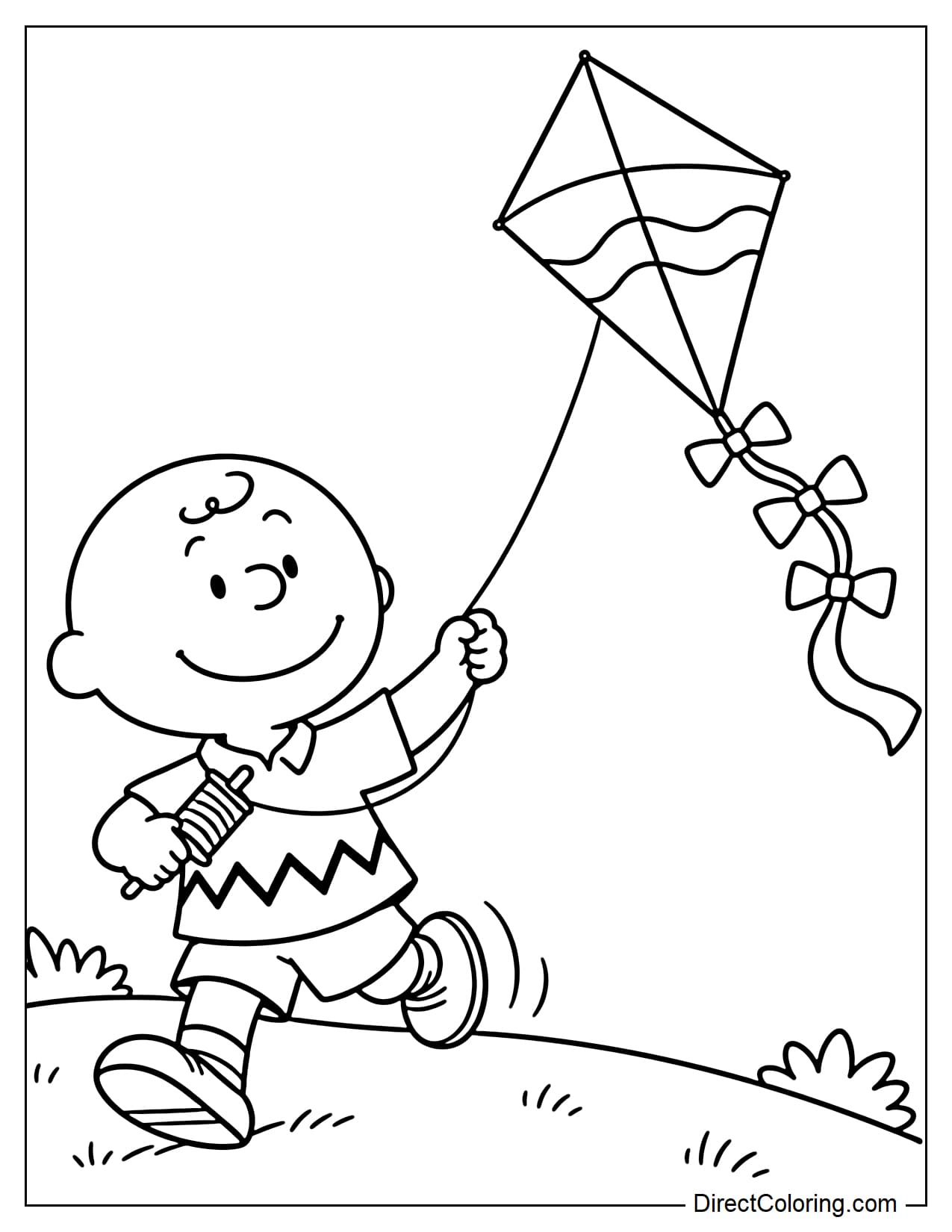 Charlie Brown runs across a small hill while flying a large diamond-shaped kite. He holds the string spool in one hand and lifts one foot as he runs. The kite has a long tail decorated with three bows.