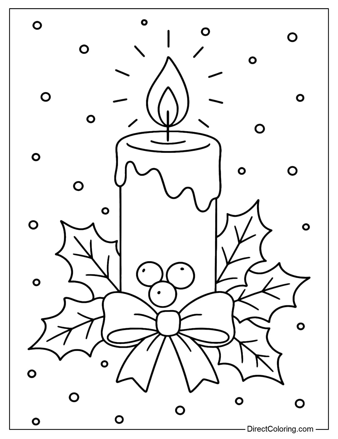 Christmas candle coloring page decorated with holly leaves, red berries and ribbons.