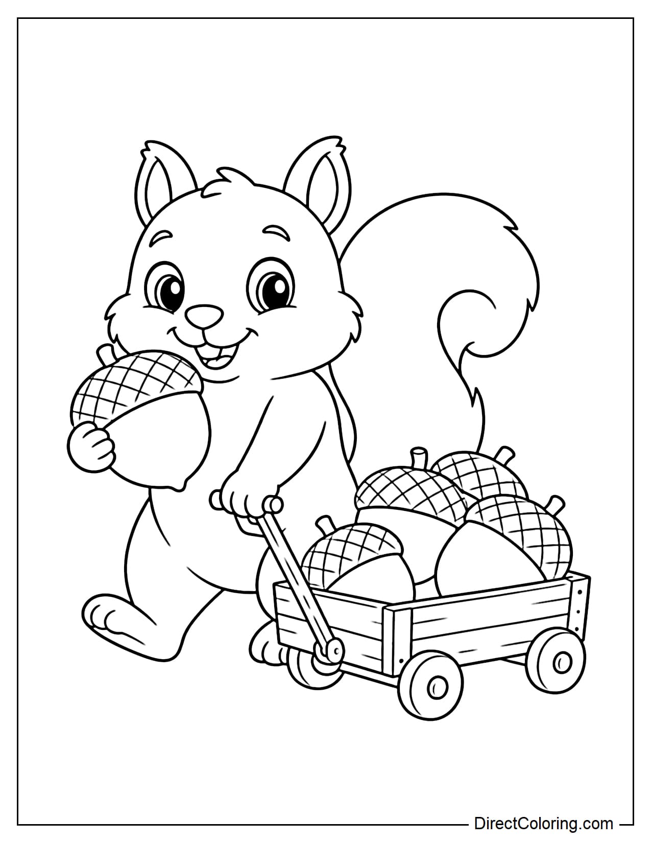 A cute squirrel pushes a small wooden cart filled with large acorns while holding one more acorn in its paws.