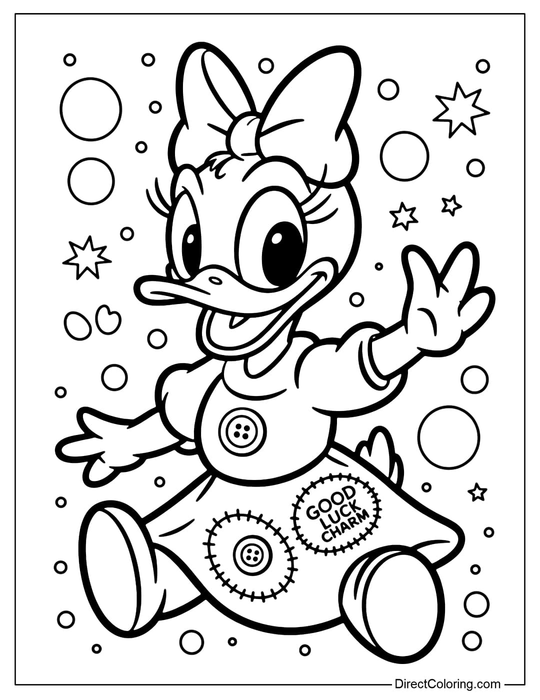 Daisy Duck coloring page transformed into a cute voodoo doll, with stitches on her body and a big bow.