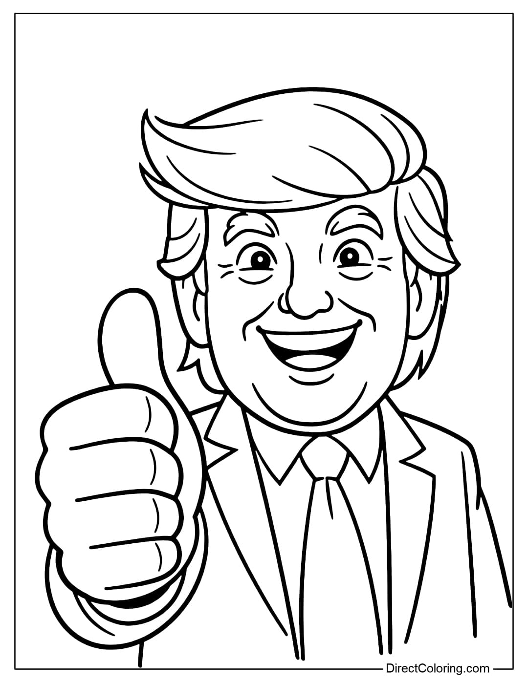 A coloring page of Donald Trump in a funny cartoon style, giving a thumbs-up with a large hand, in a cheerful and friendly expression.