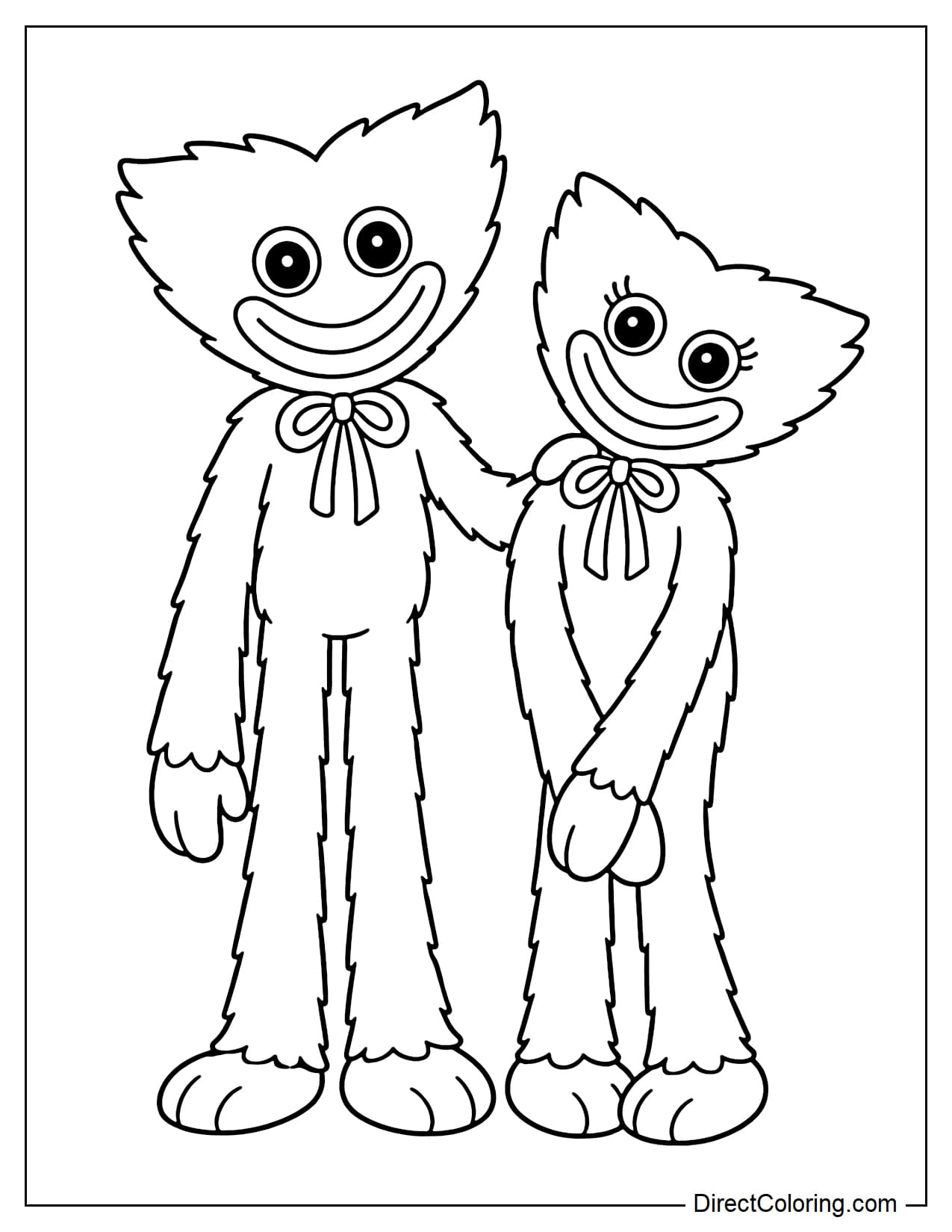 Huggy Wuggy and Kissy Missy stood close together, Huggy Wuggy's hand gently resting on Kissy Missy's shoulder, and Kissy Missy tilted her head slightly.