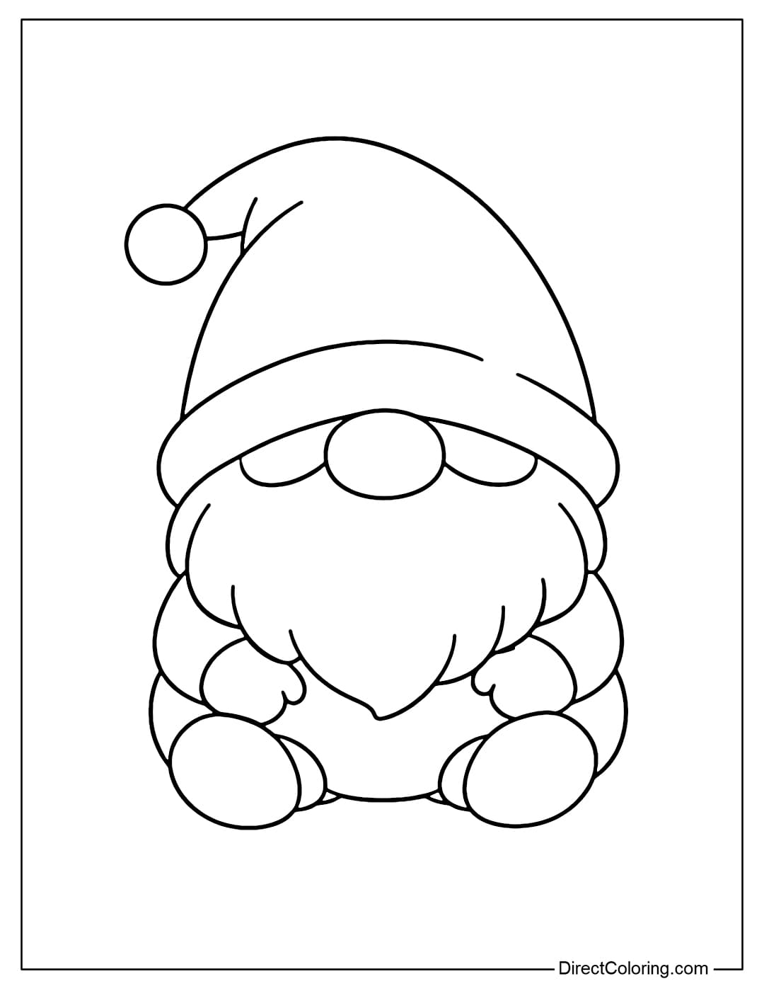 Coloring pages of a sitting gnome with a round face and short legs.