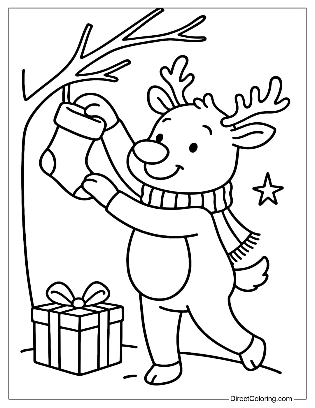 Reindeer with Christmas Stockings Coloring Page A coloring page of a reindeer hanging Christmas stockings on a tree branch.