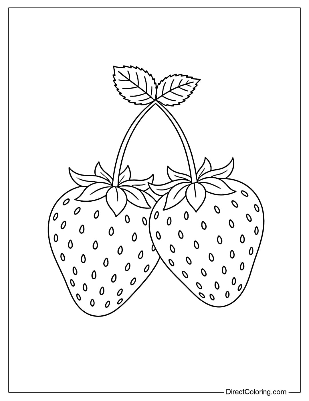 A coloring page of two strawberries side-by-side with small leaves on top.
